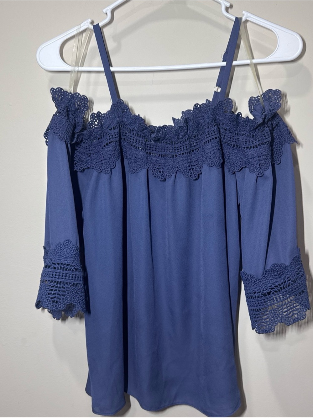 A. Byer Indigo Blue Off-Shoulder Crochet-Trim Tunic